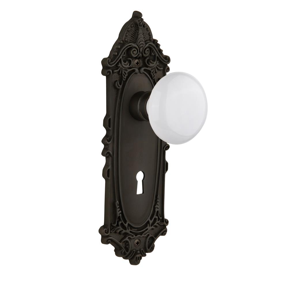 Nostalgic Warehouse VICWHI Mortise Victorian Plate with White Porcelain Knob and Keyhole in Oil